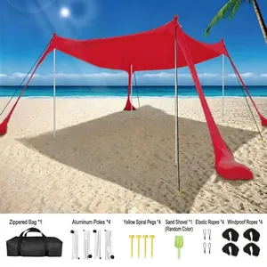 Red Lycra beach sunshade tent set with aluminum poles and complete accessories