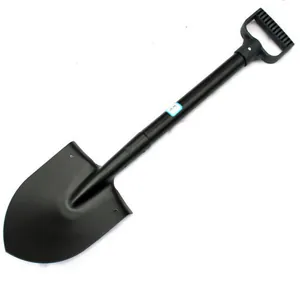 Detail view of a black manganese steel outdoor shovel with a durable D-shaped handle grip