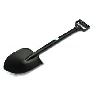 Detail view of a black manganese steel shovel with a D-handle for outdoor gardening.