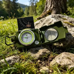 Professioneller hochpräziser militärgrüner Kompass mit Klinometer in Outdoor-Umgebung