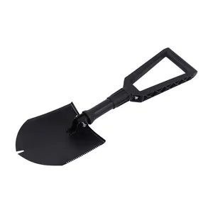 Black folding military shovel with serrated edge and tactical D-handle for camping