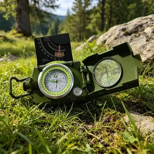 Hochpräziser militärgrüner Outdoor-Kompass mit integriertem Neigungsmesser auf dem Gras