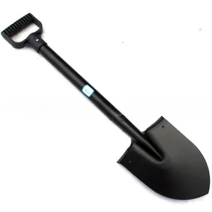 Detailed view of heavy-duty black manganese steel outdoor shovel with D-handle