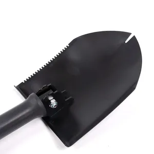 Close-up of black manganese steel folding shovel blade with serrated edge for camping.