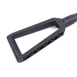 Close-up of the durable black plastic handle for a multi-functional folding camping shovel.