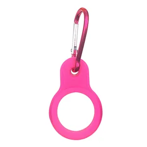 Detailansicht des rosa Silikon-Wasserflaschenhalters mit passendem Metall-Karabiner