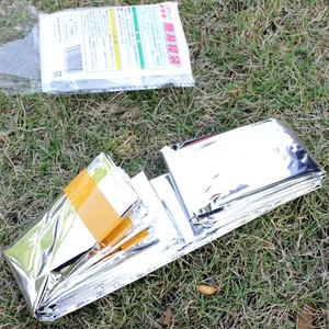Detailed view of silver emergency sleeping bag and its compact packaging on grass