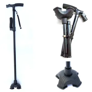 Collage de bastón plegable de aluminio con doble asa, luz LED y base de cuatro patas.