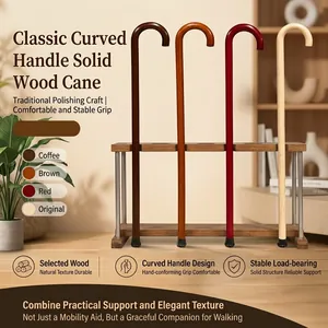 Classic Curved Handle Natural Solid Wood Walking Stick For Elderly Mobility Aid Support Cane Retro Wooden Cane