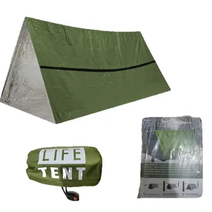 Portable green emergency survival tube tent with thermal mylar lining and storage bag