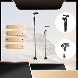 Canne de Marche Pliable Ajustable avec Lumière LED pour Personnes Âgées en Alliage d'Aluminium avec Base Pivotante à Quatre Pieds