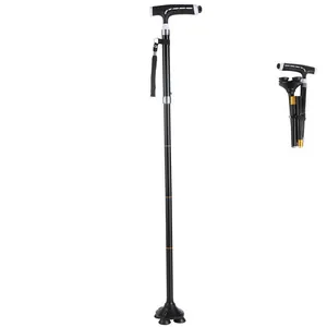 Canne de marche pliable en aluminium pour seniors avec lumière LED et base stable