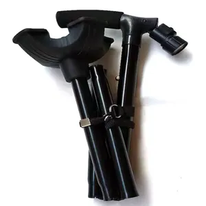 Detalle plegado de un bastón ajustable negro con luz LED y asas dobles para ancianos