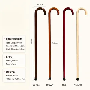 Classic solid wood walking cane for elderly in four colors with measurement details