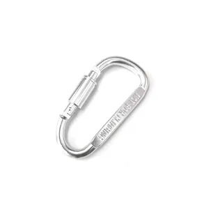 Macro detail of silver 8cm aluminum D-ring carabiner with secure screw lock mechanism