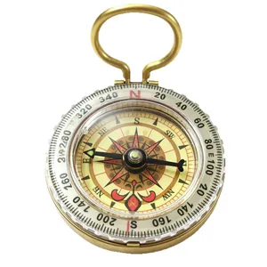 Vintage brass flip-style compass for outdoor navigation and camping on white background