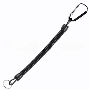 Durable black retractable spiral fishing safety lanyard with carabiner and split ring