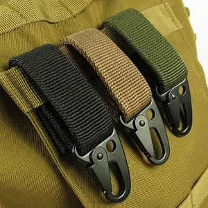 Detailed macro view of tactical nylon webbing eagle-beak carabiners in black, tan and green