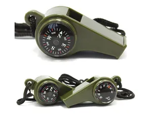 Detalle del silbato de supervivencia 3 en 1 verde militar con brújula y termómetro integrados