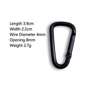 Detailed view of a #4 black D-shaped aluminum alloy carabiner showing size and weight specs