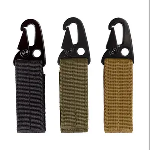 Detail view of tactical nylon webbing keychains with carabiners in black, green, and tan.