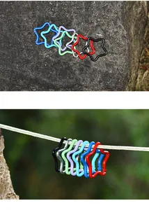 Detail showing multi-colored star-shaped aluminum carabiners hanging on a white rope