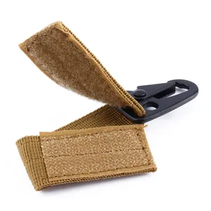 Tactical tan nylon webbing strap featuring black metal HK hook and velcro closure