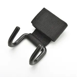 Detail view of heavy-duty double metal hooks with nylon wrist straps for weightlifting.