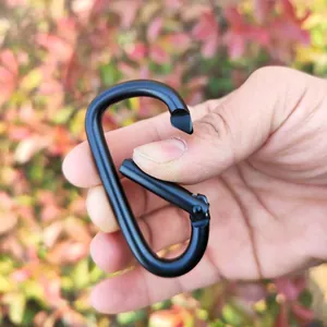 Heavy duty black D-shaped aluminum alloy carabiner clip for outdoor climbing and hiking