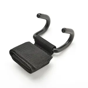Detailed view of heavy-duty steel weightlifting hooks with adjustable nylon wrist straps.