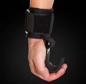 Side view detail of weightlifting hook with adjustable neoprene wrist strap