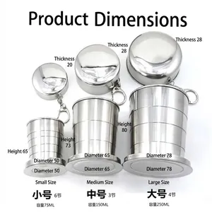Dimensions des gobelets pliables en acier inoxydable pour voyage en petit, moyen, grand.