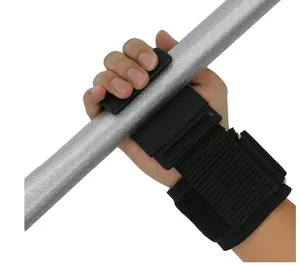 Detailed view of weightlifting hook wrist strap gripping a barbell bar