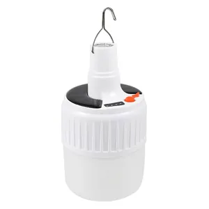 Portable solar rechargeable LED camping lantern with metal hook and battery indicator display