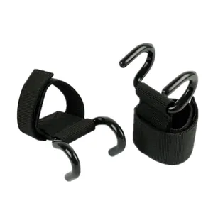 Close-up of heavy-duty steel lifting hooks with adjustable nylon wrist wraps for gym.