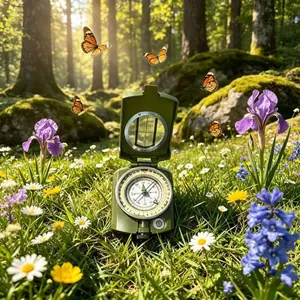 Professional green military-style compass placed in a lush and sunlit spring forest