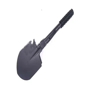Macro view of multi-functional folding camping shovel with serrated edge and black finish