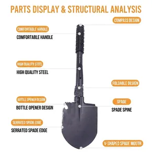 Portable folding black military shovel featuring multi-functional survival and camping tools