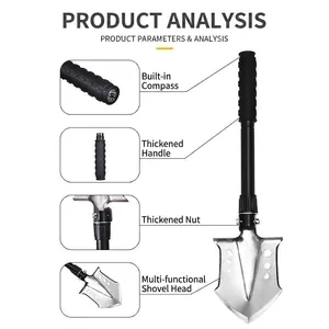 Heavy-duty folding camping shovel with built-in compass and multifunctional steel blade.