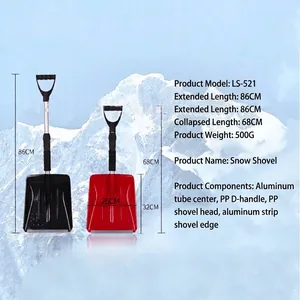Pala da neve telescopica portatile con dimensioni in un ambiente di montagna innevata.