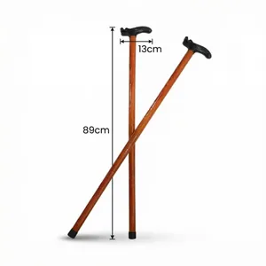 Detailed view of the wooden walking stick showing 89cm height and 13cm handle width
