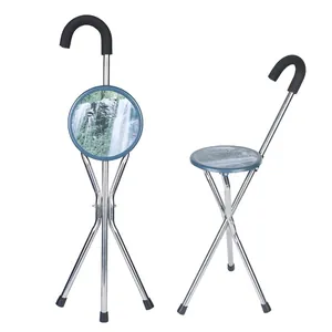 Stainless Steel Foldable Three-Legged Crutch Stool Elderly Walking Aid Portable Rest Chair With Scenic Pattern