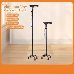 Adjustable Aluminum Alloy Crutch For Elderly With LED Light Alarm FM Radio Anti Slip Four Leg Base Telescopic Walking Stick