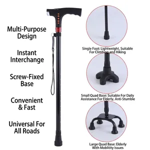 Adjustable aluminum alloy walking cane for elderly with interchangeable quad bases