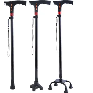 Adjustable aluminum alloy walking stick for elderly with LED light and three base options
