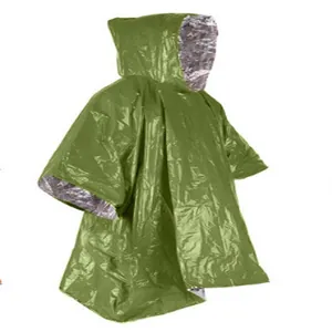 Poncho de lluvia de emergencia verde oliva con forro térmico plateado para supervivencia