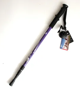 Detail view of 6061 lightweight 3-section retractable purple trekking pole with straight handle