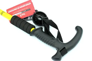 Detail view of yellow CLEYE outdoor hiking pole with ergonomic T-grip handle and strap