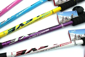 Close-up of CLEYE colorful telescopic trekking poles with high-quality paint finish.