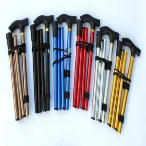 Assorted colorful folding aluminum hiking poles with metallic finish and T-handle.